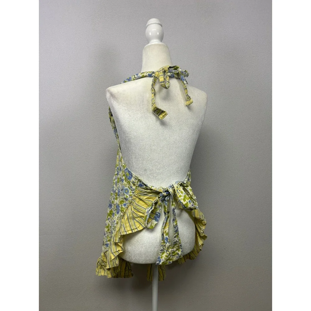 Cottagecore Vintage Women OS Country Chic Yellow Blue Floral Ruffle Halter Apron